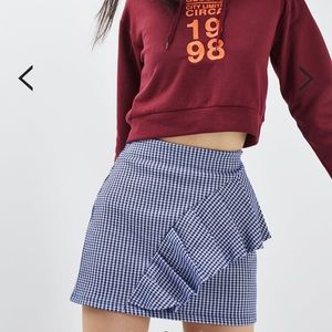 Topshop Gingham Ruffle Jersey Mini Skirt Blue White Checkered Sz 6